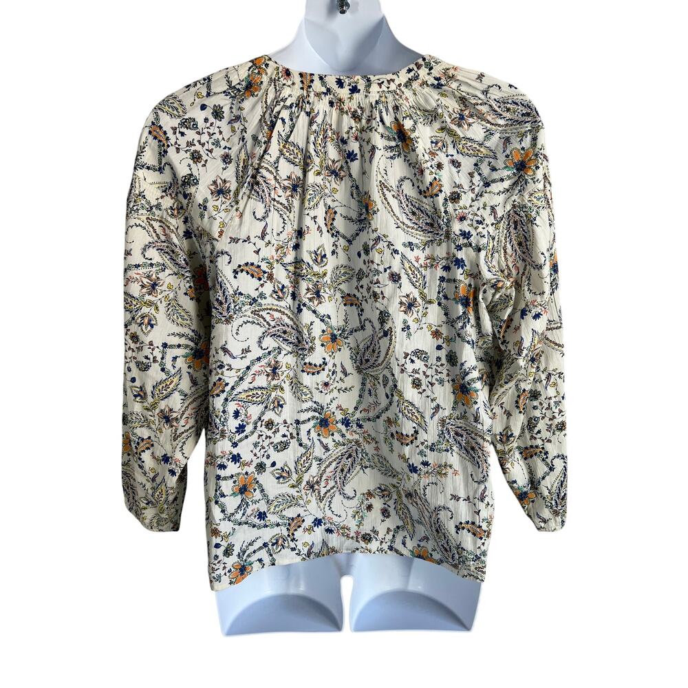 J. JILL TOP WOMENS LARGE 100% COTTON FLORAL POPOVER BLOUSE WHITE MULTI BOHO - Picture 3 of 12